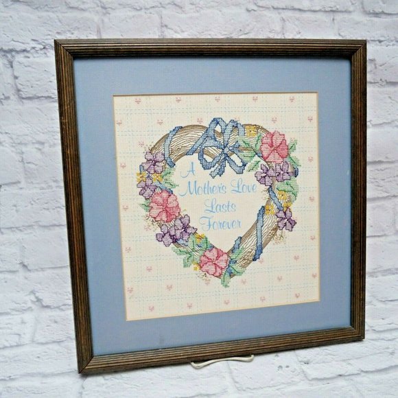 Vintage Framed Completed Floral Heart Cross Stitch